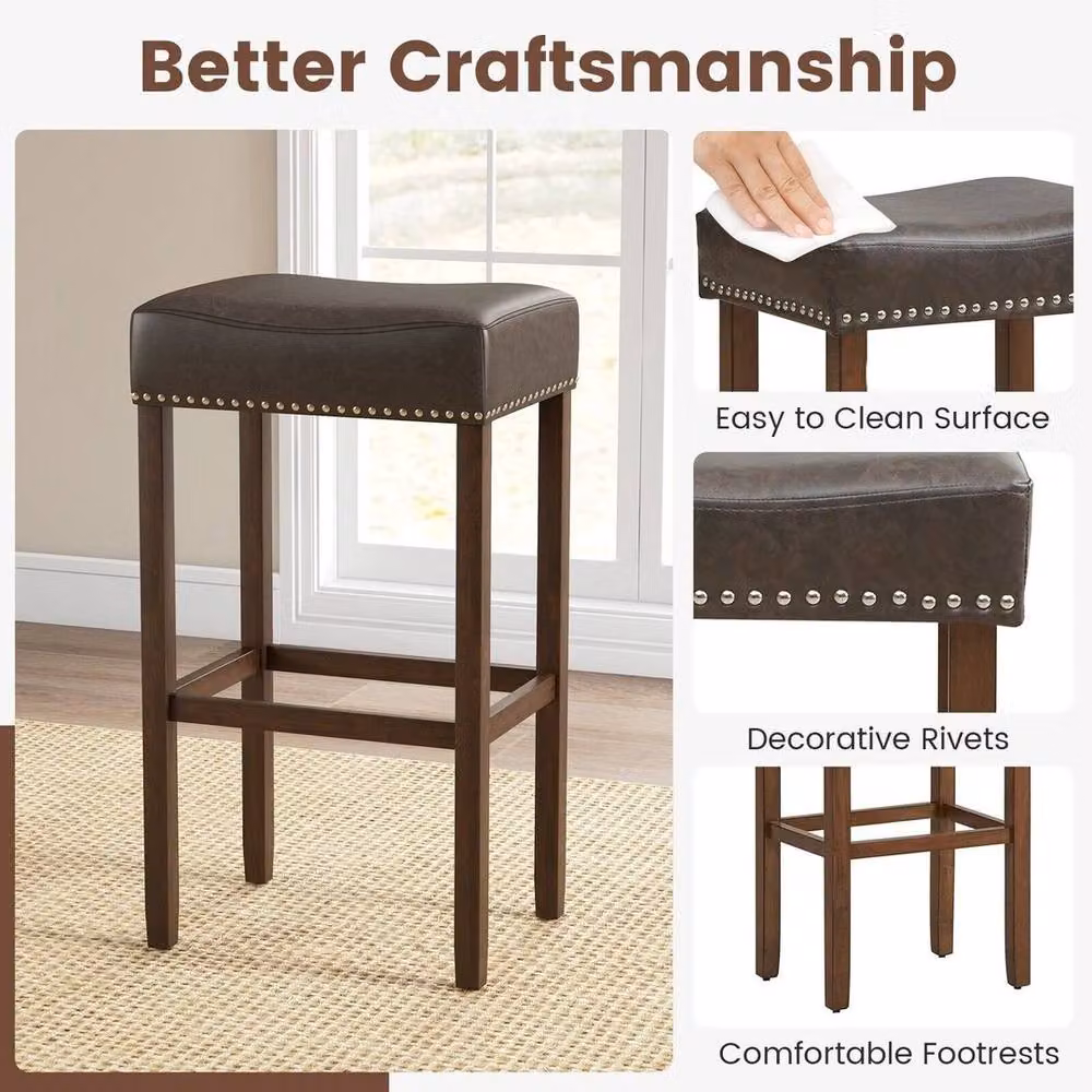 KORVIXA Set of 2 Padded Counter Height Bar Stools in Brown with Rubberwood Finish – 4