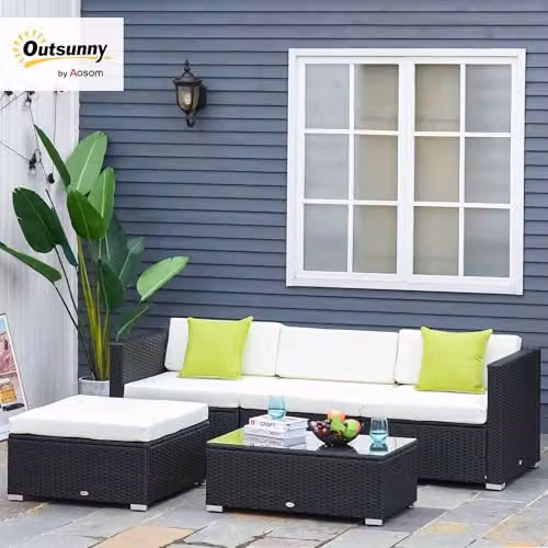 Outsunny 5 Piece L-Shape Rattan Garden Furniture Set with Cushions and Coffee Table, Black – 2