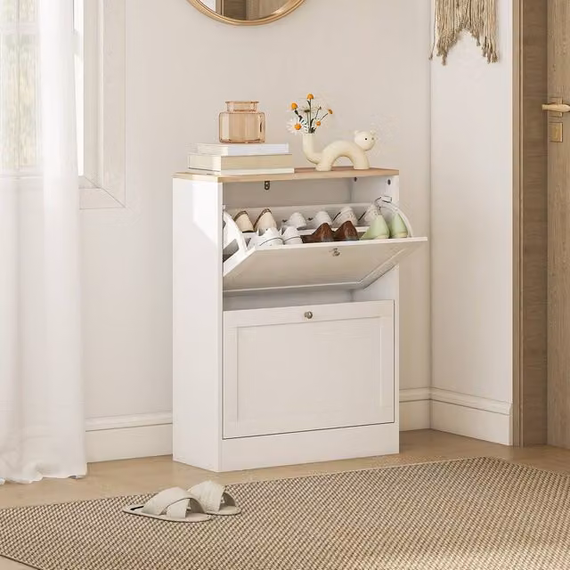HOMCOM Modern White Narrow Shoe Cabinet with 2 Tilting Compartments and Internal Shelves – 1
