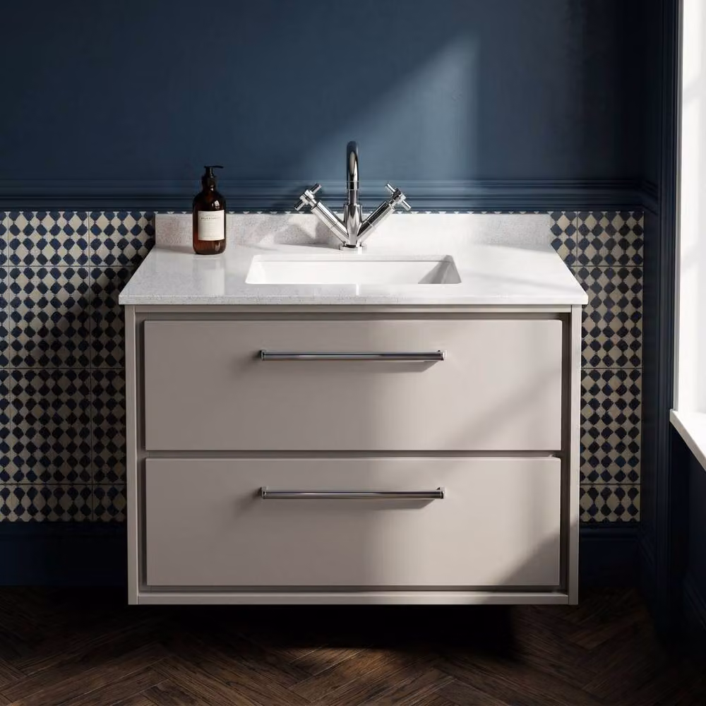 Balterley 800mm Wall Hung 2 Drawer Vanity with Marble Worktop Basin, Pebble Grey – 3