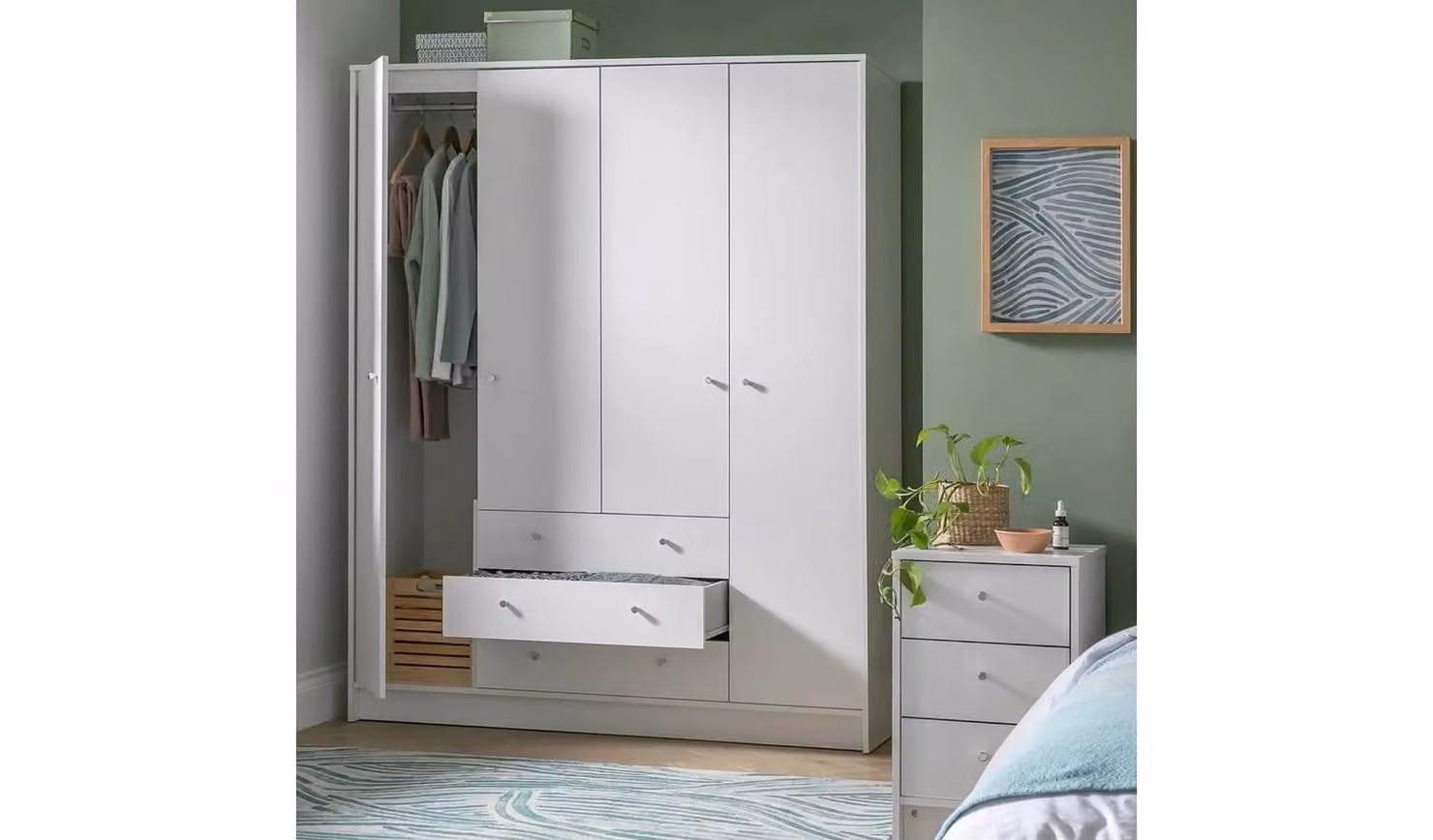 Malibu 4 Door 3 Drawer Wardrobe in White by Cheap Furniture Warehouse, H 180.5 cm x W 145.9 cm x D 49.8 cm