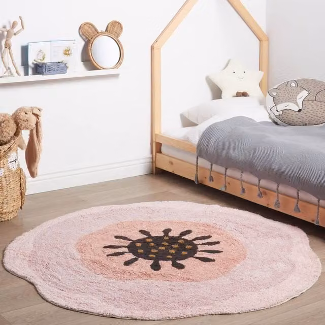 Wyld and Coco Pink Floral Cotton Round Rug for Childrens Rooms, Diameter: 140 cm – 1