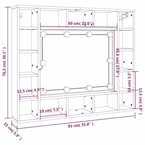 vidaXL Modern Black LED Mirror Cabinet for Bathroom, W/D/H: 91 x 15 x 76.5 cm – 3