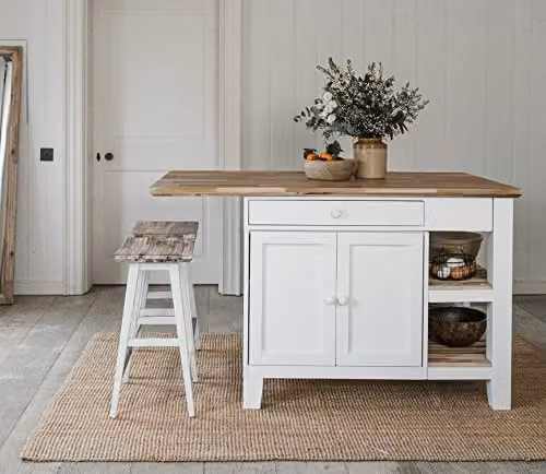 Statement Furniture Florence Kitchen Island with Cupboard, 2 Drawers and Shelves in White, W: 150 cm, D: 90 cm, H: 91 cm