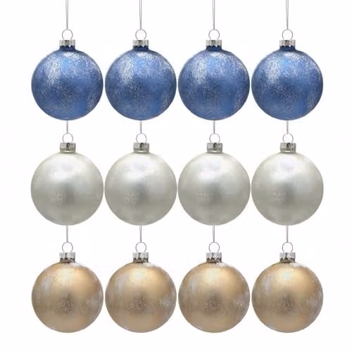 Shatchi 12-Piece Set of Classic Geometric Glass Baubles in Blue, Gold and White, Diameter: 8 cm