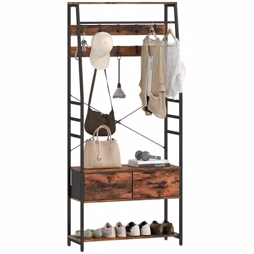 HOMCOM Industrial Hall Tree with Bench and 10 Hooks in Brown and Black, H 180 x W 80 x D 30 cm