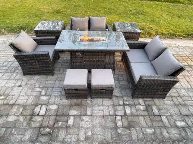Fimous 7 Seater Grey Rattan Outdoor Garden Furniture Set with Gas Fire Pit Table, Love Sofa, Armchair, 2 Small Footstools and 2 Side Tables