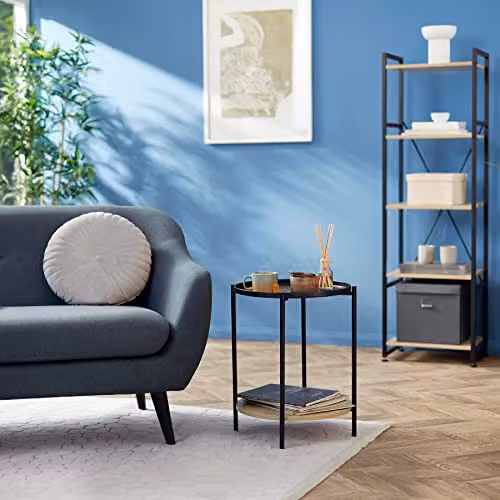 tectake Round Side Table with 2 Shelves and Metal Frame in Black and Brown, Ø 45.5 x H 54.5 cm – 2