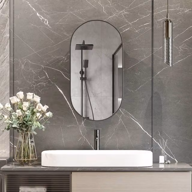 KEEPREAPER Sleek Oval Black Bathroom Mirror Cabinet with Adjustable Internal Shelves, W: 42 cm, H: 80 cm
