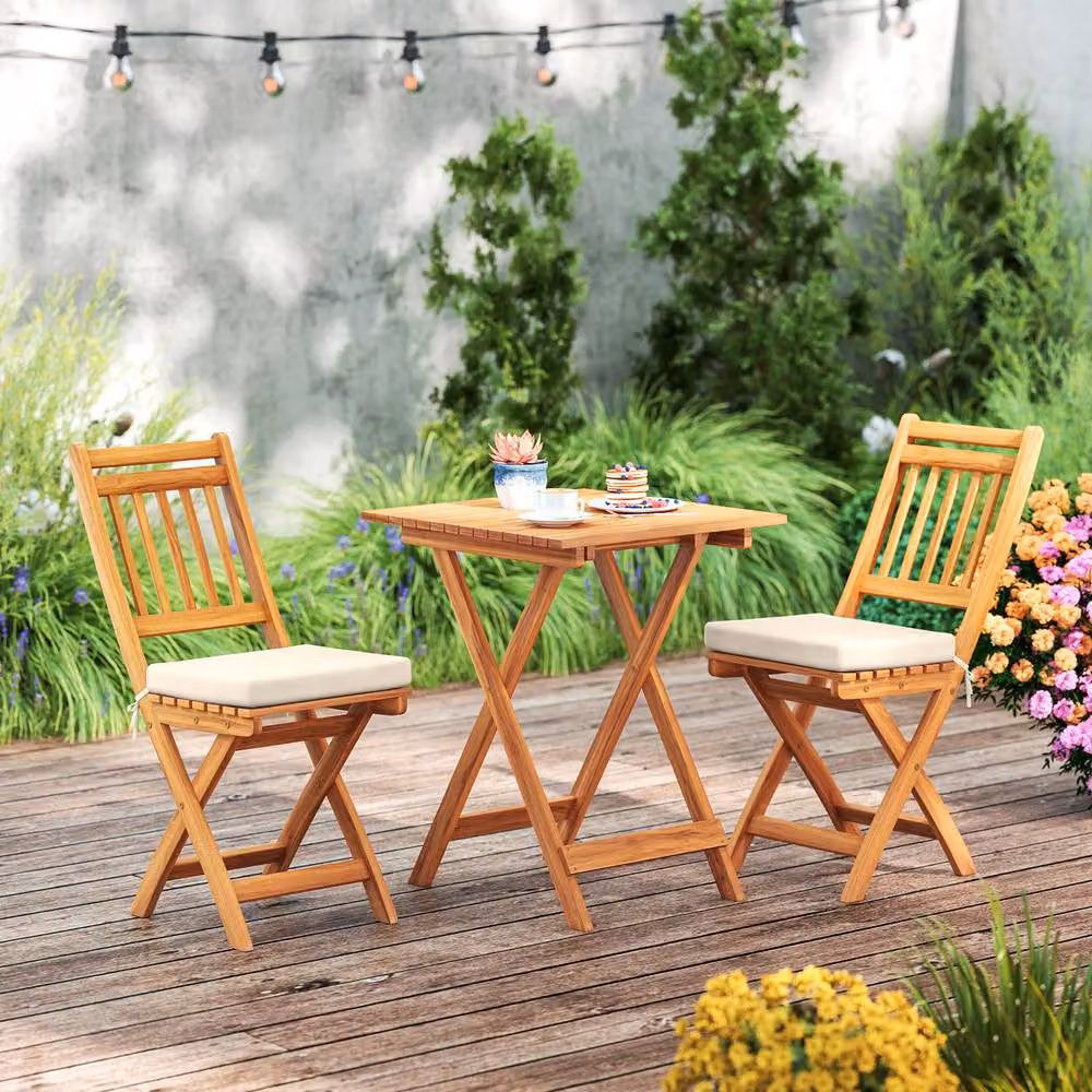 Costway Acacia Wood Folding Bistro Set with White Cushions for Garden, Terrace or Balcony – 2
