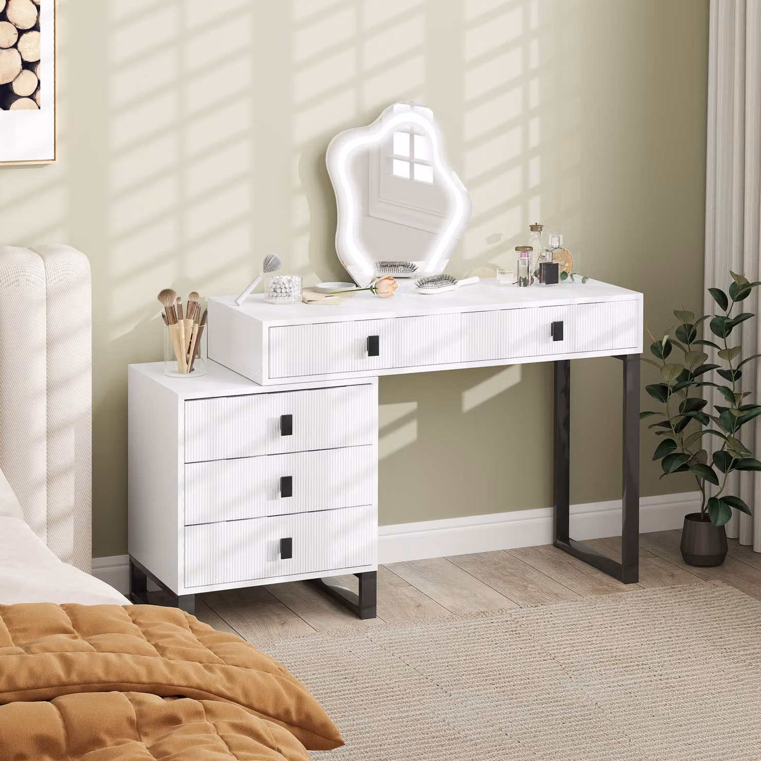 HOMCOM Modern White LED Lighted Dressing Table with Leaf Shape Mirror and 5 Drawers – 2