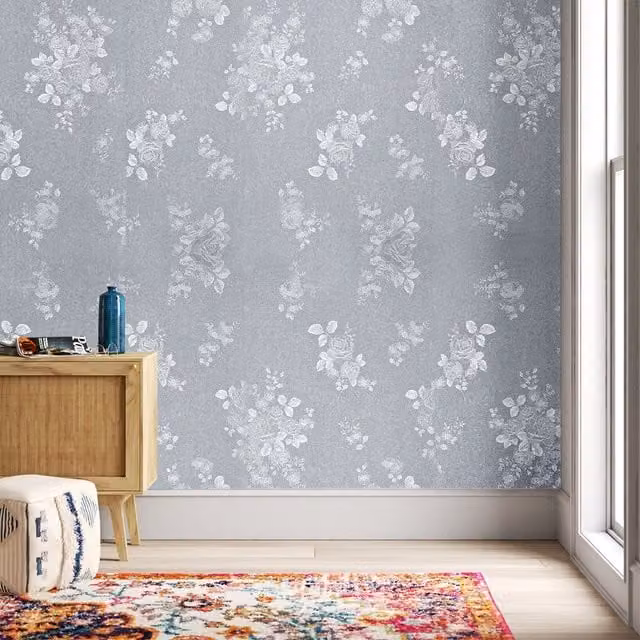 Livingandhome Retro Floral Textured Self-Adhesive Vinyl Wallpaper in Grey Blue