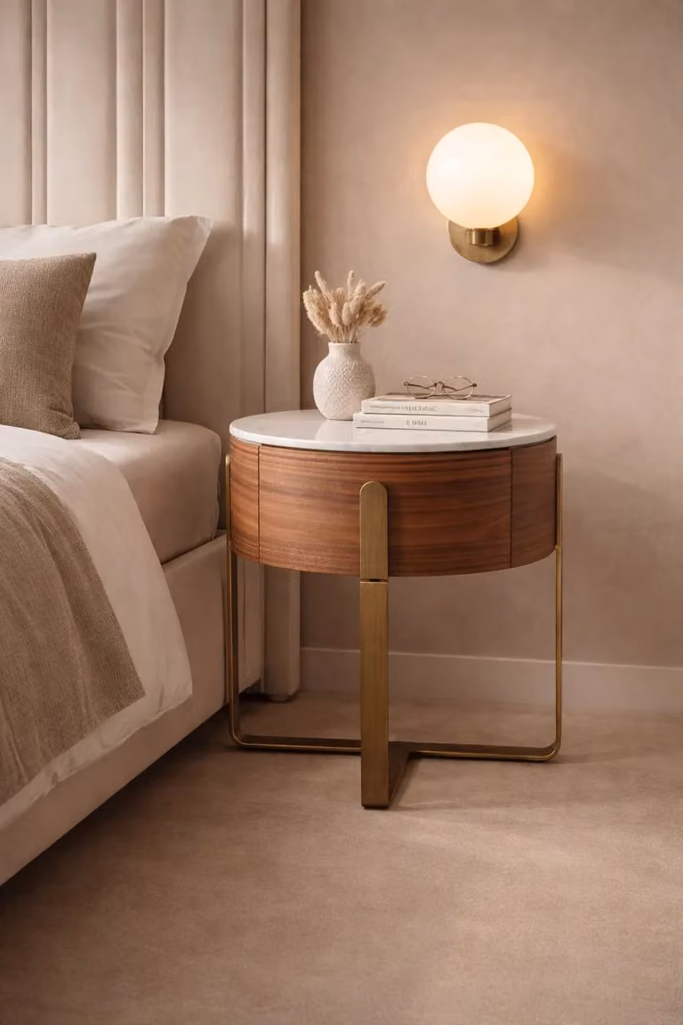 Aurelia Round Bedside Table in Walnut and Marble Finish