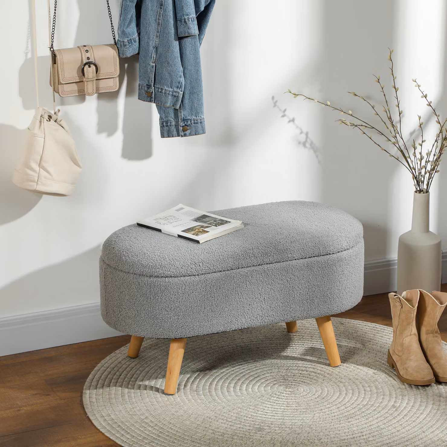 HOMCOM Grey Teddy Fleece and Bouclé Storage Ottoman – 2