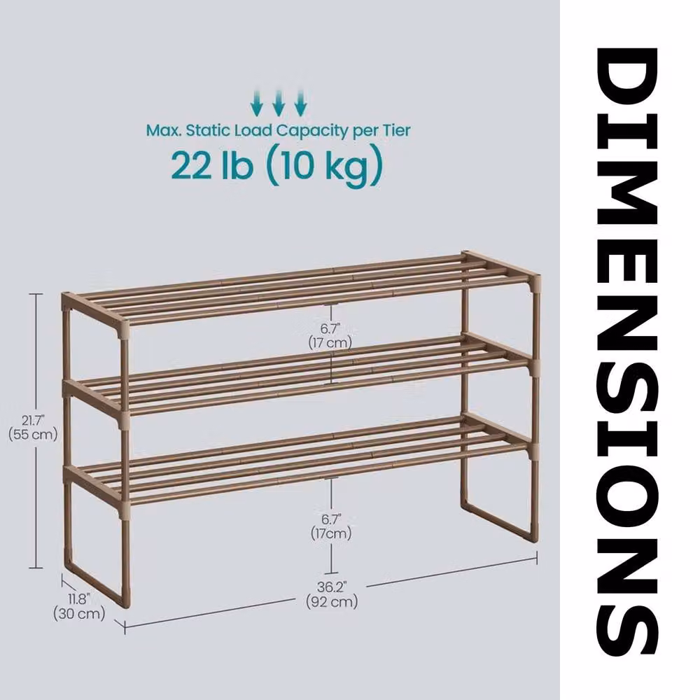 Pirlo Plush 3 Tier Metal Shoe Rack with Open Shelves in Walnut Brown – 6