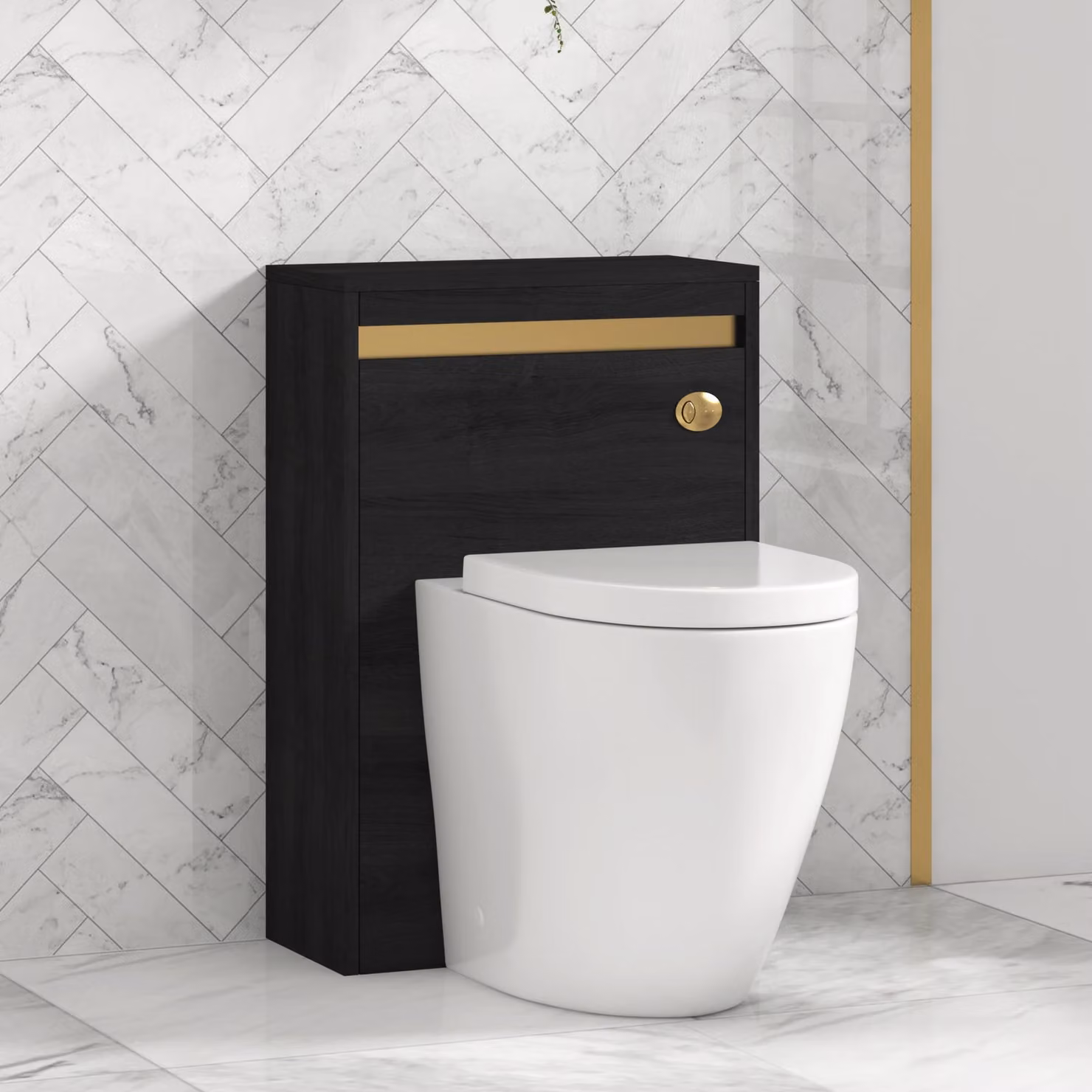 Royal Bathrooms Orion 540mm Hale Black BTW WC Unit with Elva Rimless Short Projection Ceramic Toilet Pan, Seat and Cistern with Brushed Brass Accent Trim