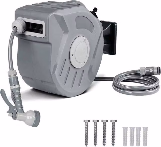FLAVORA Auto Retractable Wall Mounted Water Hose Reel, 20m, Grey – 1