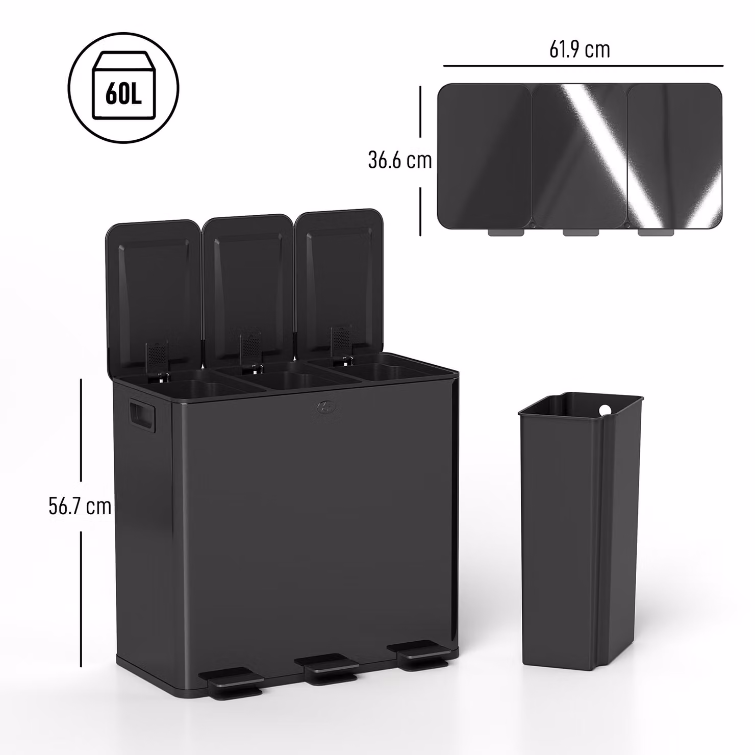 HOMCOM Triple Kitchen Pedal Bin, 3 x 20L Stainless Steel Bins with Soft Close Lids and Removable Inner Buckets, Black – 3