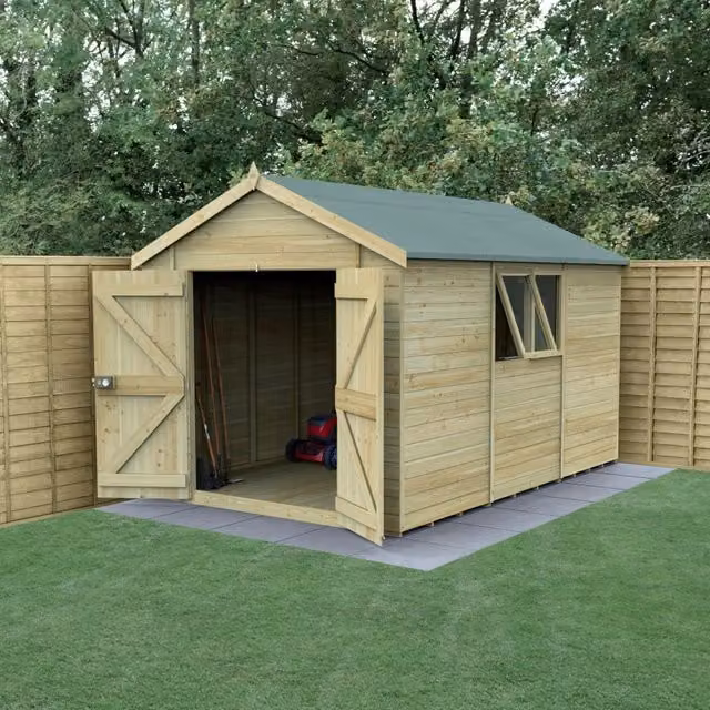 Forest Garden Tongue and Groove Apex Shed with Double Doors and Window in Brown, W: 365.76 cm, D: 213.36 cm, H: 182.88 cm