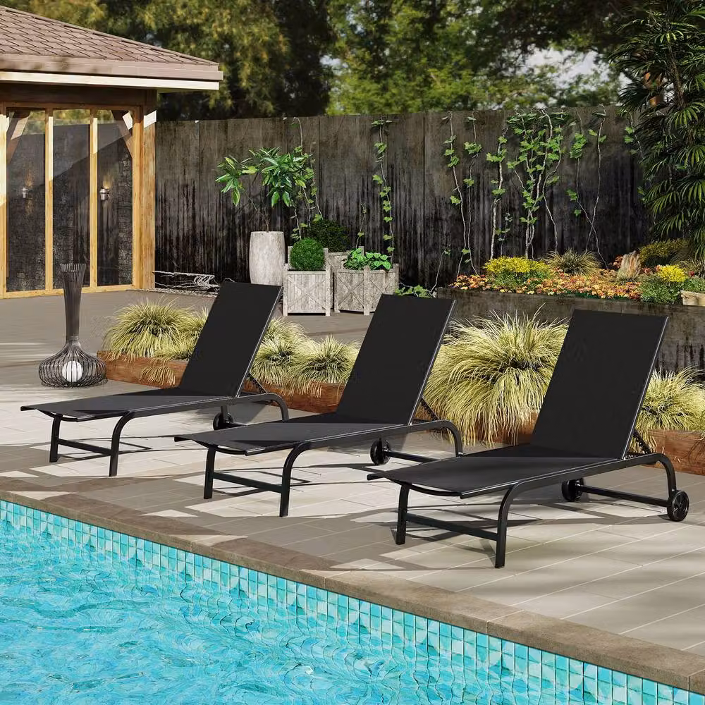 Costway Set of 2 Black Chaise Lounge Chairs with Wheels and 6-Position Reclining Function – 3