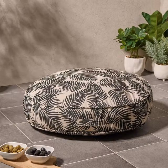 OHS Leaf Round Outdoor Padded Cushion in Black and Multicolour