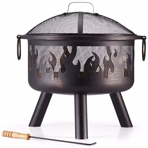 VonHaus Black Bronzed Steel Fire Pit Bowl with Flame Design, Fire Poker and Mesh Guard, W/D/H: 54.5 x 54.5 x 54.5 cm – 1