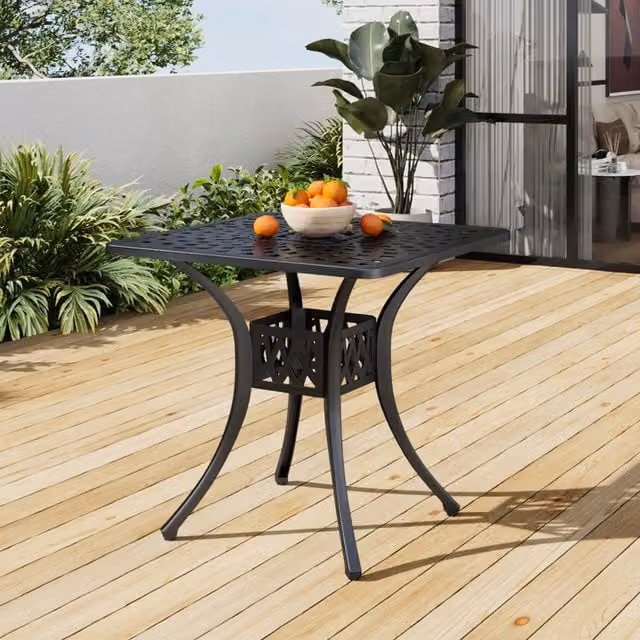 Breeins Matt Black Metal Outdoor Garden Patio Dining Table with Parasol Hole