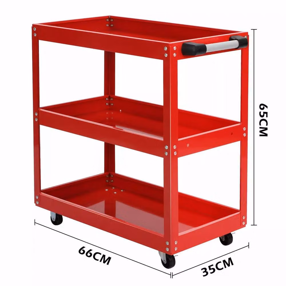 Dprodo Heavy Duty 3-Shelf Rolling Steel Cart with Lockable Wheels, Red, W/D/H: 60 x 60 x 60 cm – 2