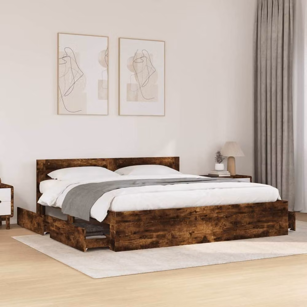 Berkfield Home Bed Frame with Headboard and Drawers in Smoked Oak Brown, W/D/H: 200 x 200 x 36 cm – 2
