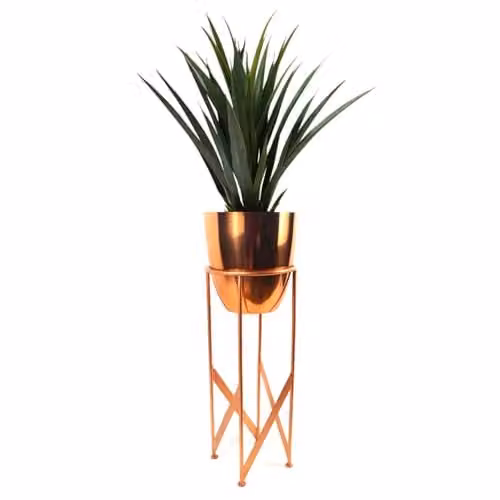 Leaf Design UK Leaf Tall Metal Plant Stand with Bronze Copper Planter and Artificial Yukka Plant, Height: 90 cm