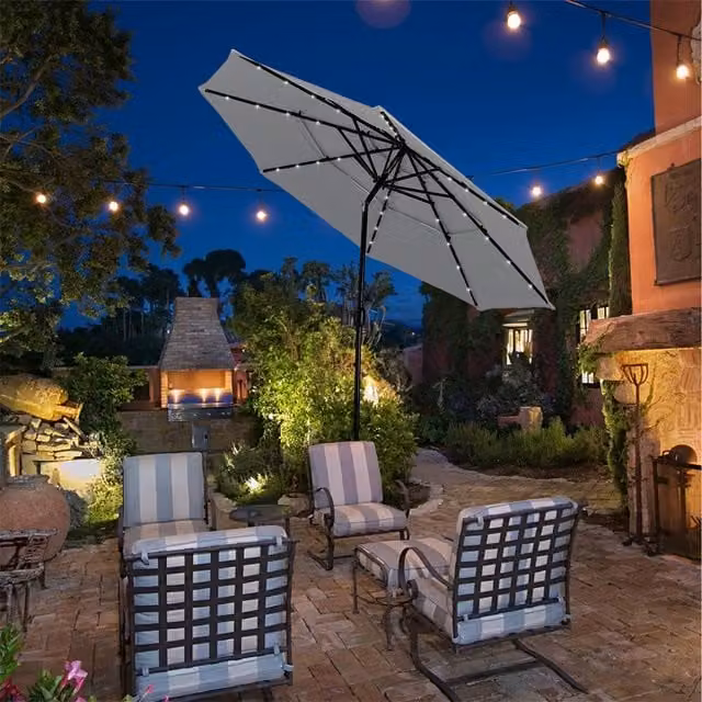 Livingandhome 3-Tier Garden Parasol Outdoor Umbrella with Solar Lights in Grey