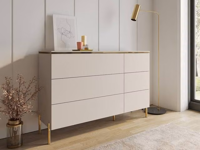 Vente-unique VUKIA 6-Drawer Chest of Drawers in Beige and Gold – 1