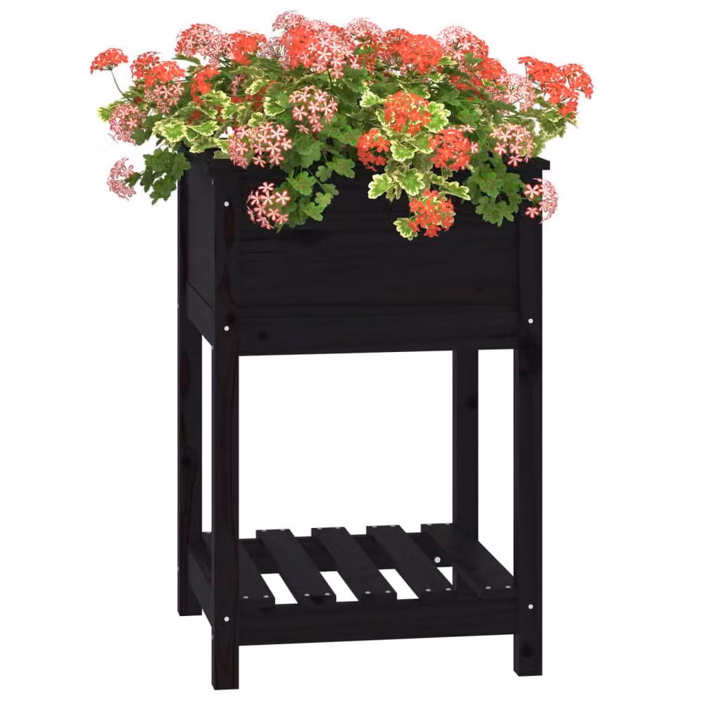Berkfield Black Solid Wood Pine Planter with Shelf W/D/H: 54 x 54 x 81 cm – 3