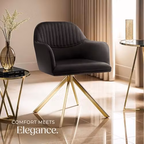 tectake Velvet Swivel Dining Chair with Armrests in Black and Gold – 2