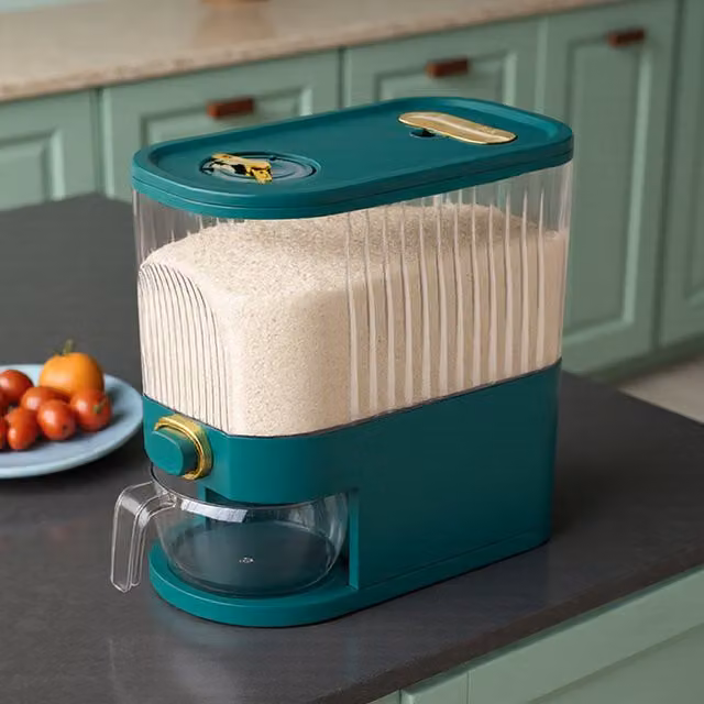 Livingandhome Airtight Rice Dispenser with Measuring Cup, Green/Transparent, Height: 29 cm