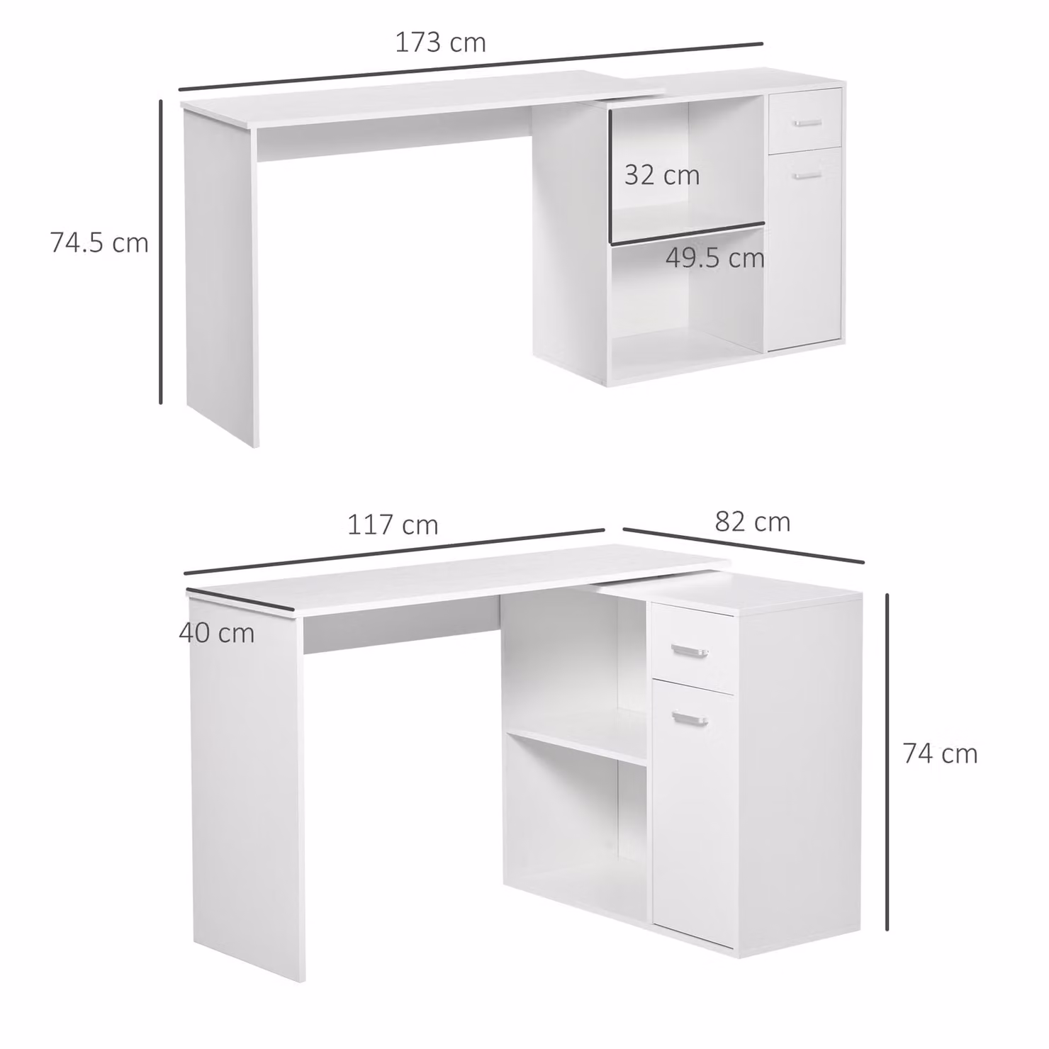 HOMCOM L-Shaped Corner Computer Desk with Storage Shelf, Drawer and Cabinet in White Wood Grain