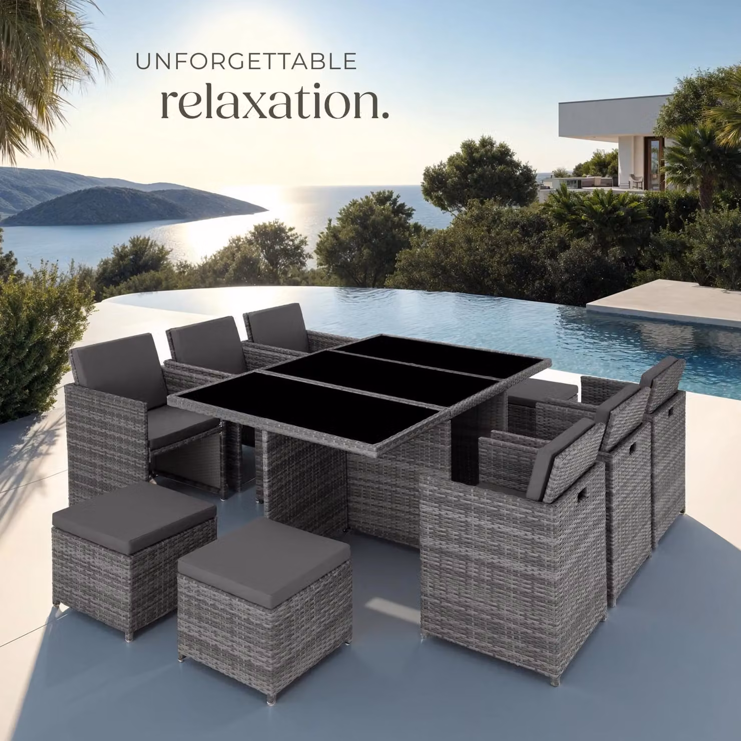 tectake New York Modern Rattan Garden Table and Chairs Set with Glass Top in Grey and Beige – 6