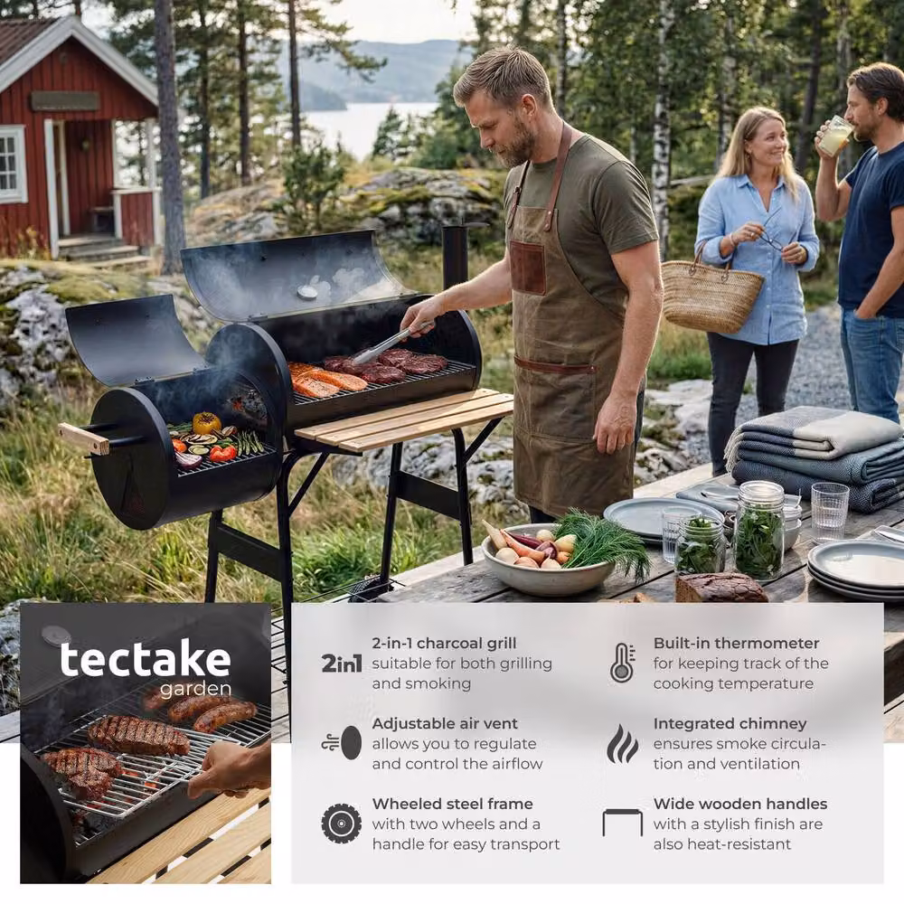 tectake 2-in-1 Charcoal Grill Smoker with Thermometer and 2 Chambers, Black, W/D/H: 116.0 x 110.0 cm – 2