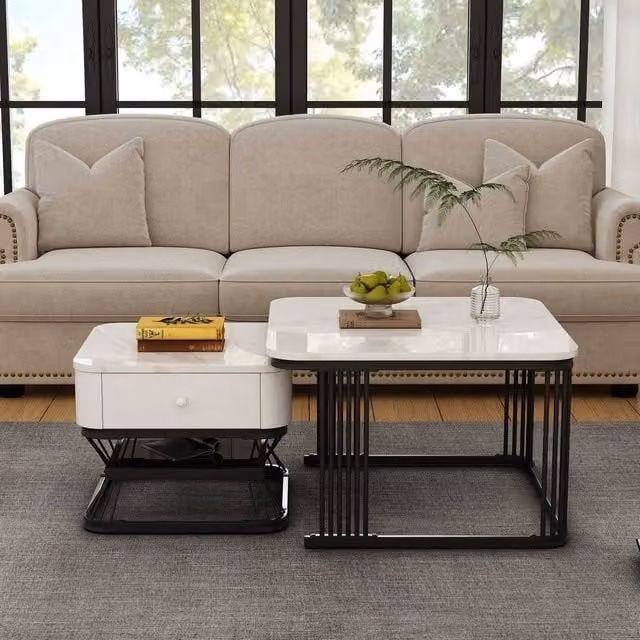 STILVORA Nesting Coffee Table Set of 2 with Drawer in White Glossy Finish