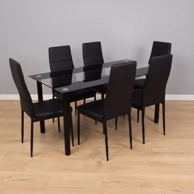 Kosy Koala Modern Dining Set with Rectangular Clear Glass Table and 6 Black Faux Leather Chairs