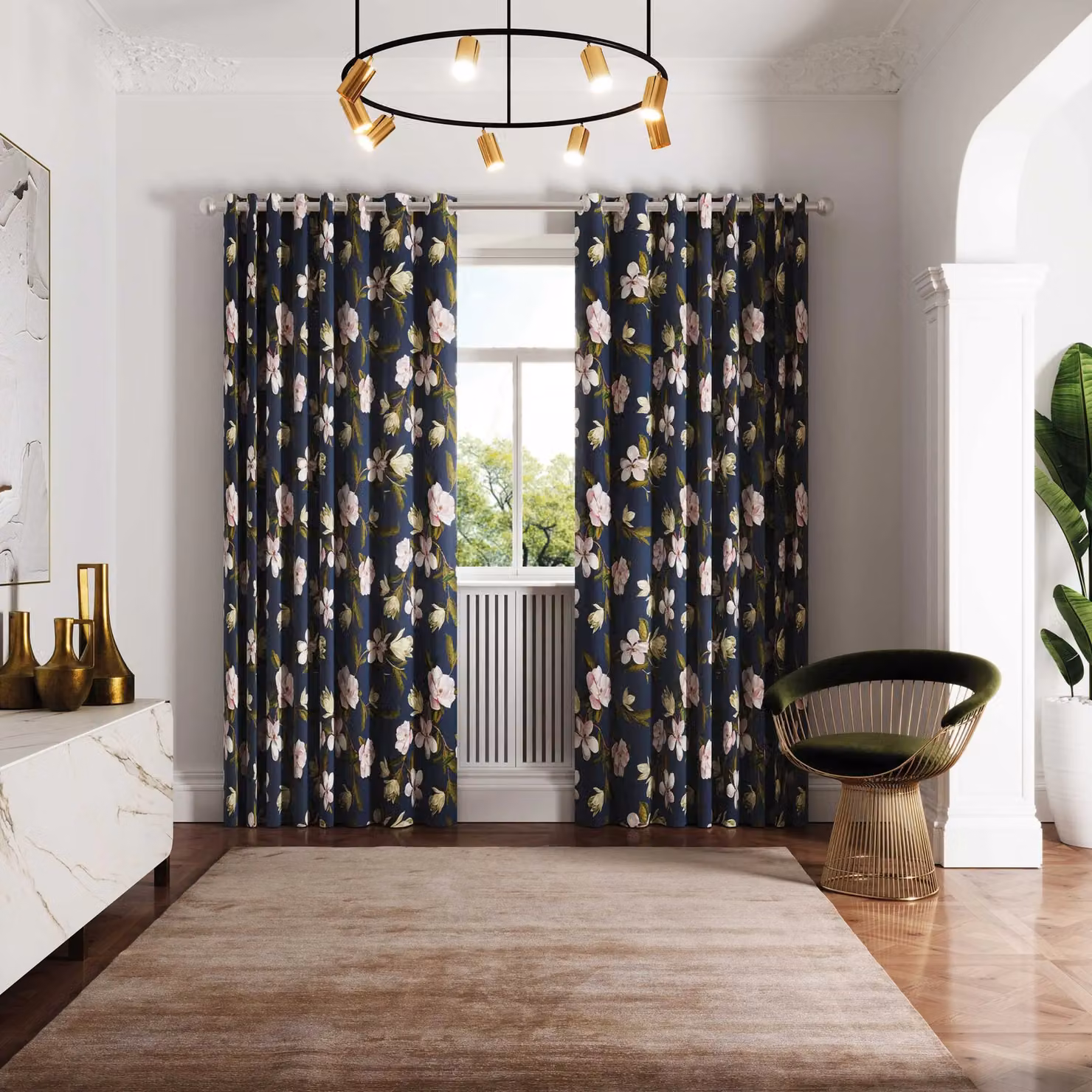 Ted Baker Opal Floral Cotton Lined Eyelet Curtains in Blue and Silver, W: 167.64 cm, H: 137.16 cm – 2