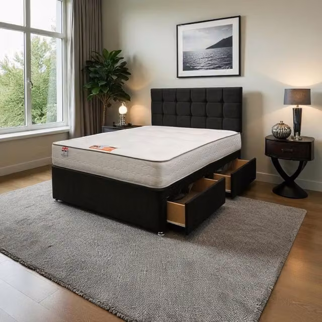 Knight Sleep Cubed Plush Upholstered Bed Set with Mattress and Headboard in Black, W/D/H: 140 x 200 x 60.96 cm
