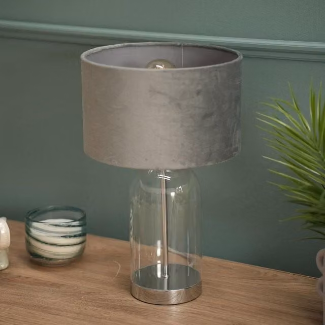 ValueLights Jessy Chrome and Glass Table Lamp with Grey Fabric Shade in Silver