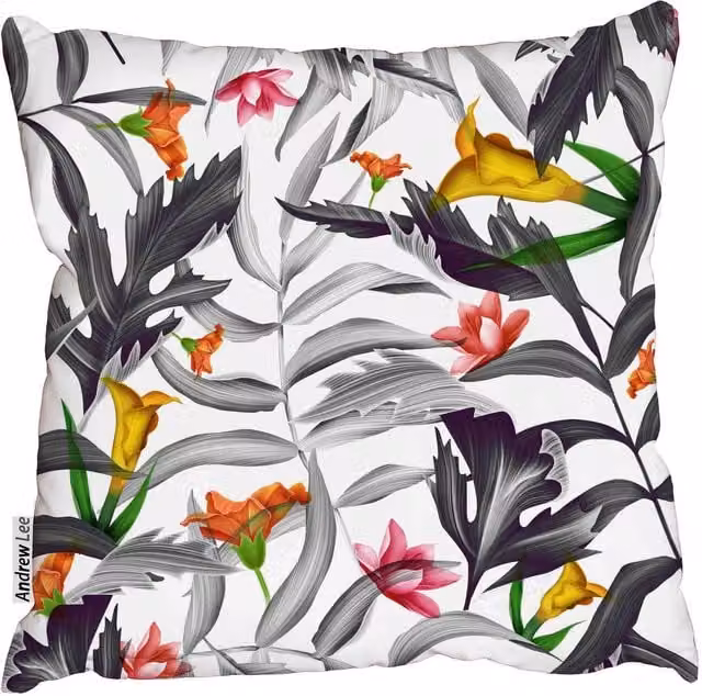 Benjamin Tate Design LTD Tropical Flower Plant Cushion, Yellow and Multicolour, W/D/H: 45 x 45 x 1 cm