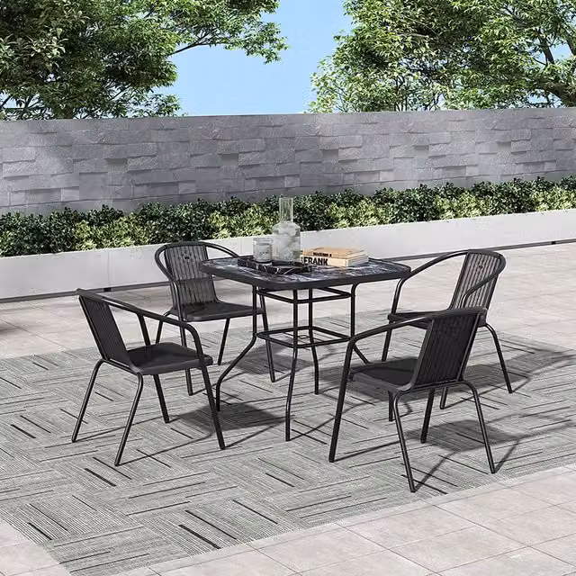 Breeins Black Marble Pattern Glass Table with 4 PE Rattan Chairs