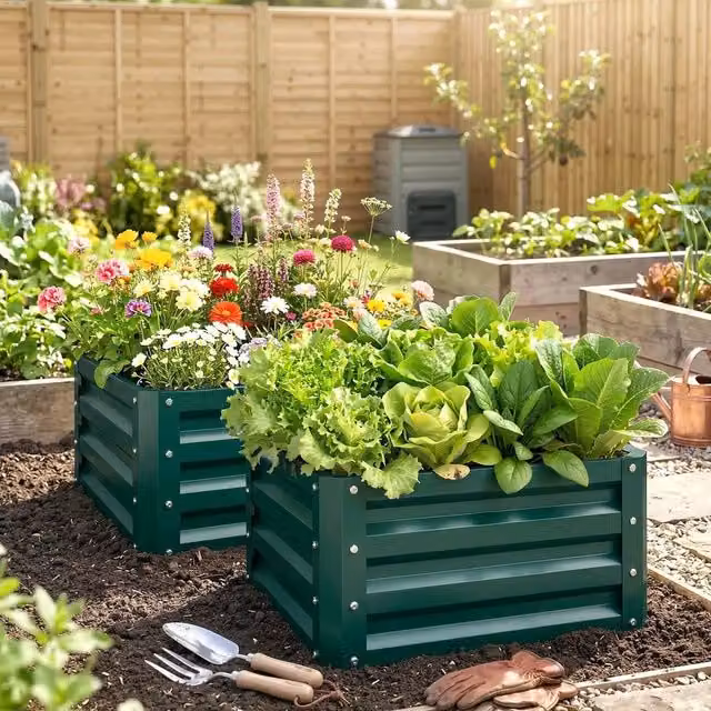 EONLION Set of 2 Green Galvanised Steel Garden Planter Tubs, W/D/H: 60 x 60 x 30 cm