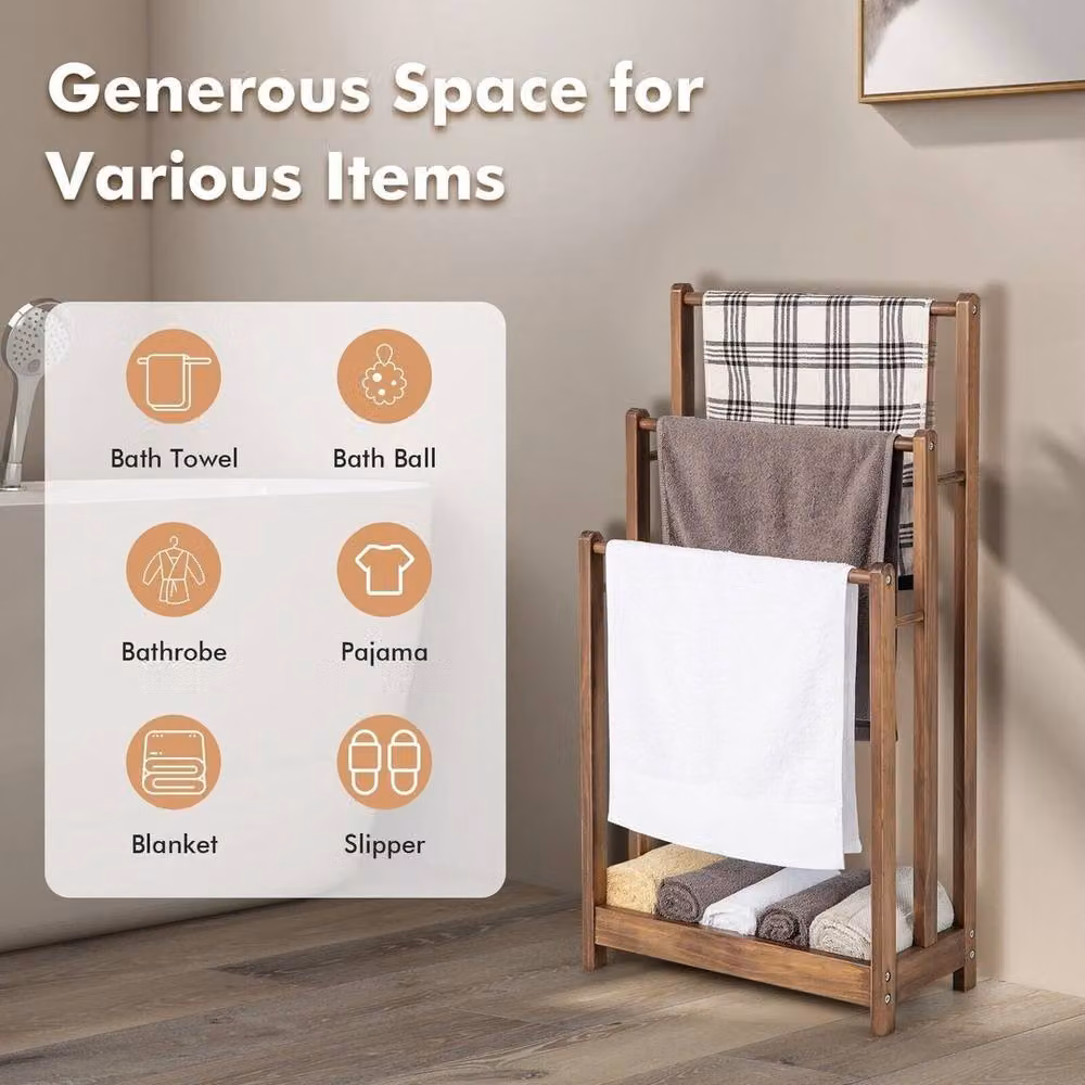 FORGEVIO 3-Tier Wooden Towel Rack with 3 Bars and Storage Shelf, Brown – 4