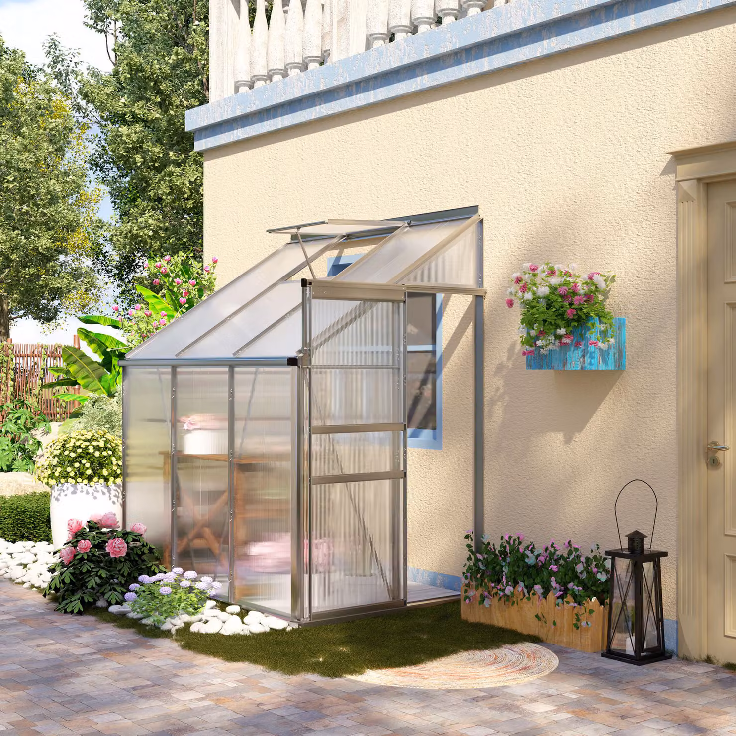 Outsunny Silver Lean-to Plastic Greenhouse with Adjustable Roof Vent, Rain Gutter and Sliding Door, W: 200 cm, D: 120 cm, H: 240 cm – 2