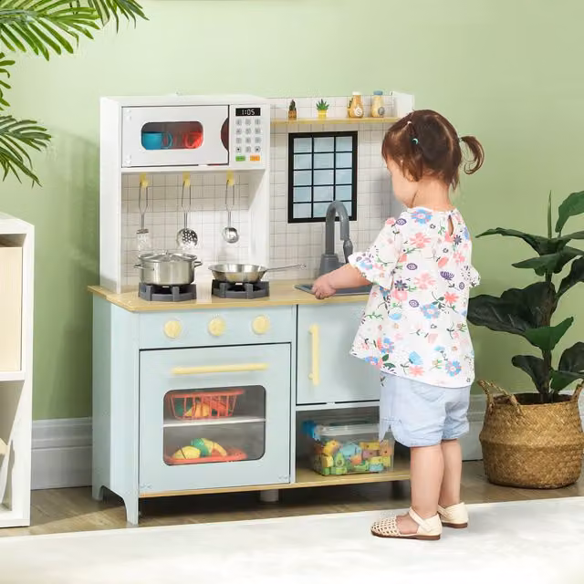 AIYAPLAY Pretend Play Kitchen Cooking Set with Light and Sound Stove in Blue