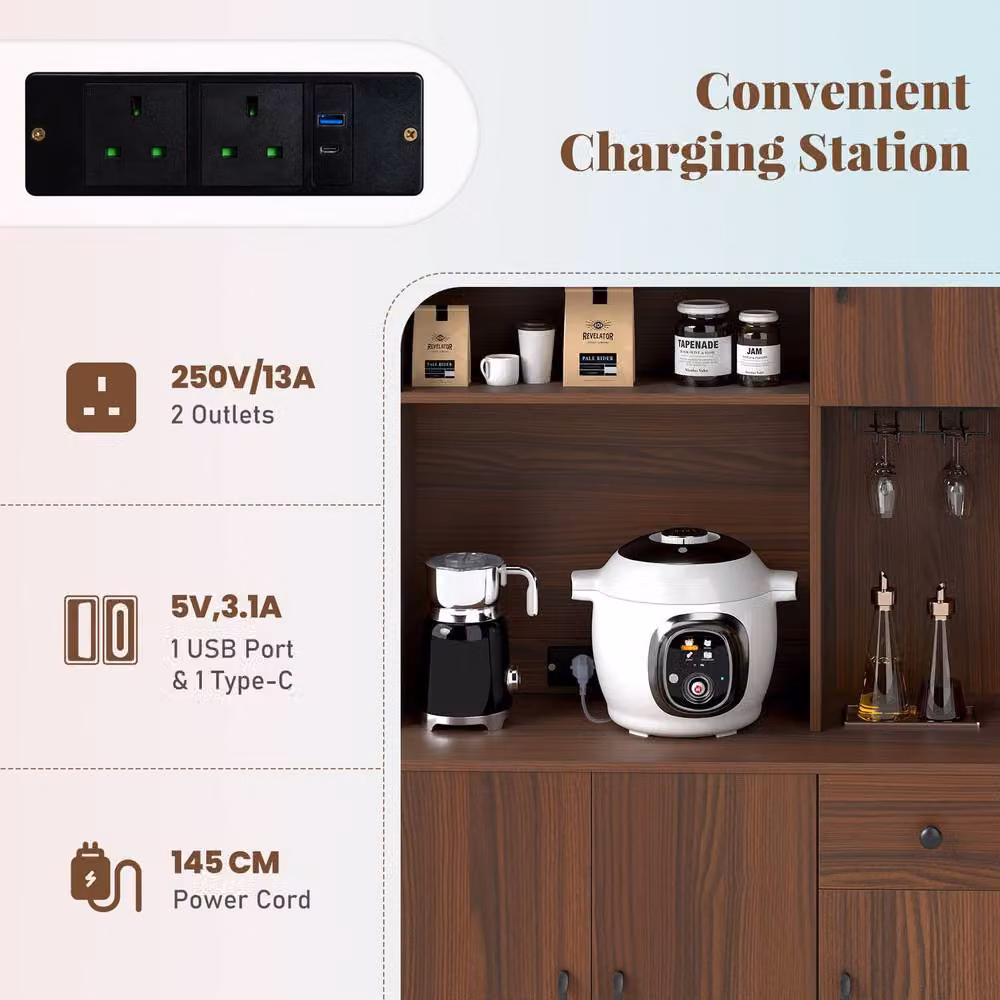 Gymax Tall Pantry Kitchen Storage Cabinet with Power Outlets in Walnut – 3